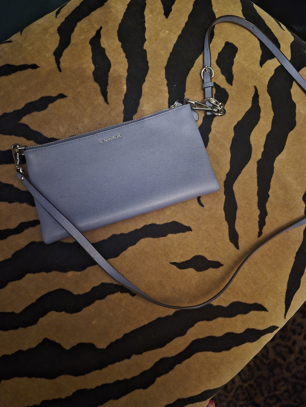 Coach Saffiano Leather Crossbody Wristlet in Dusty Blue